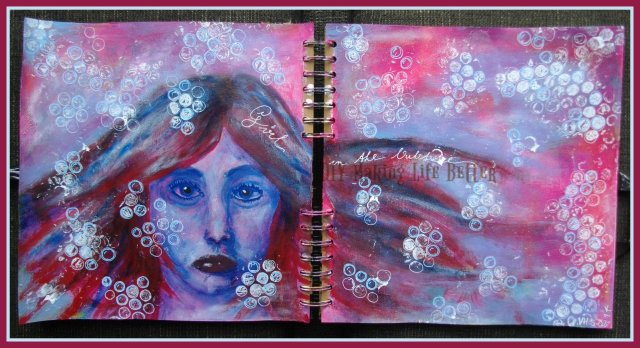 'Girl in the bubble' - Acrylic paint and Posca markers. Stamping with acrylic paint on bubble wrap ;)